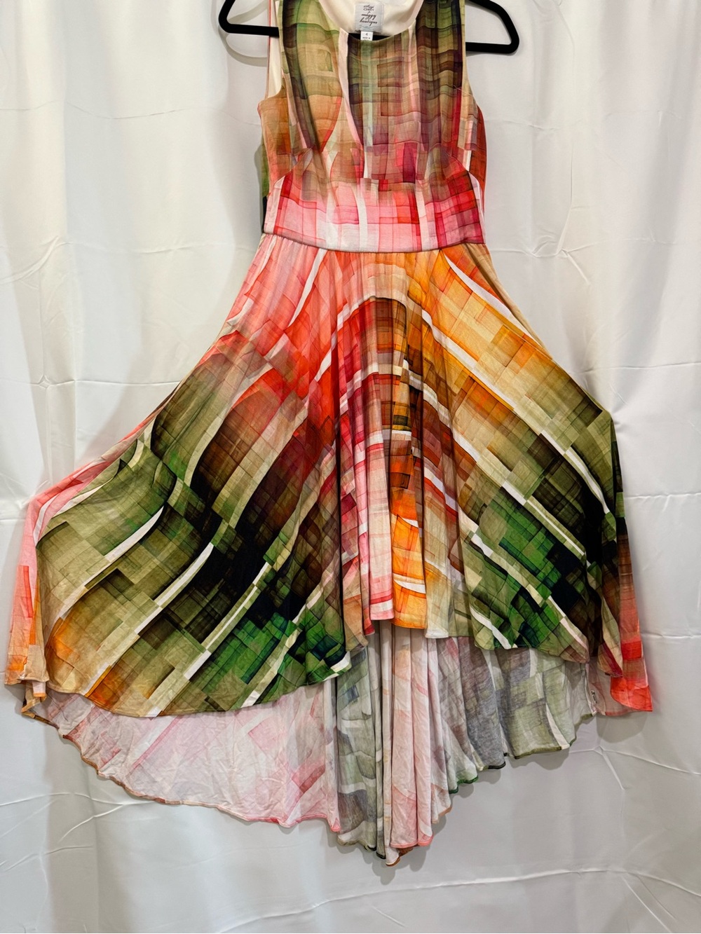 Suzi Chin for Maggy Boutique Multicolor Green Orange Pink High-Low Dress Size 4.